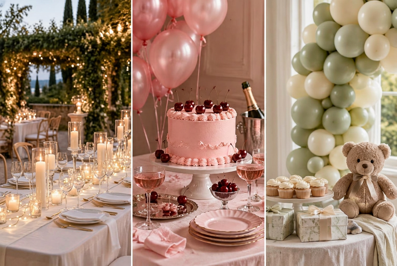 Wedding reception table set with candles and glassware under a lit archway
