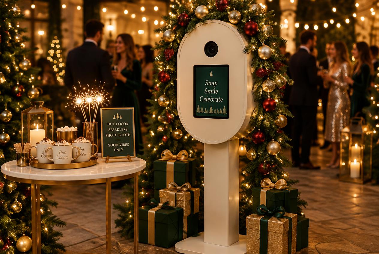Holiday party photo booth dressed with evergreen garland, ornaments and wrapped gifts