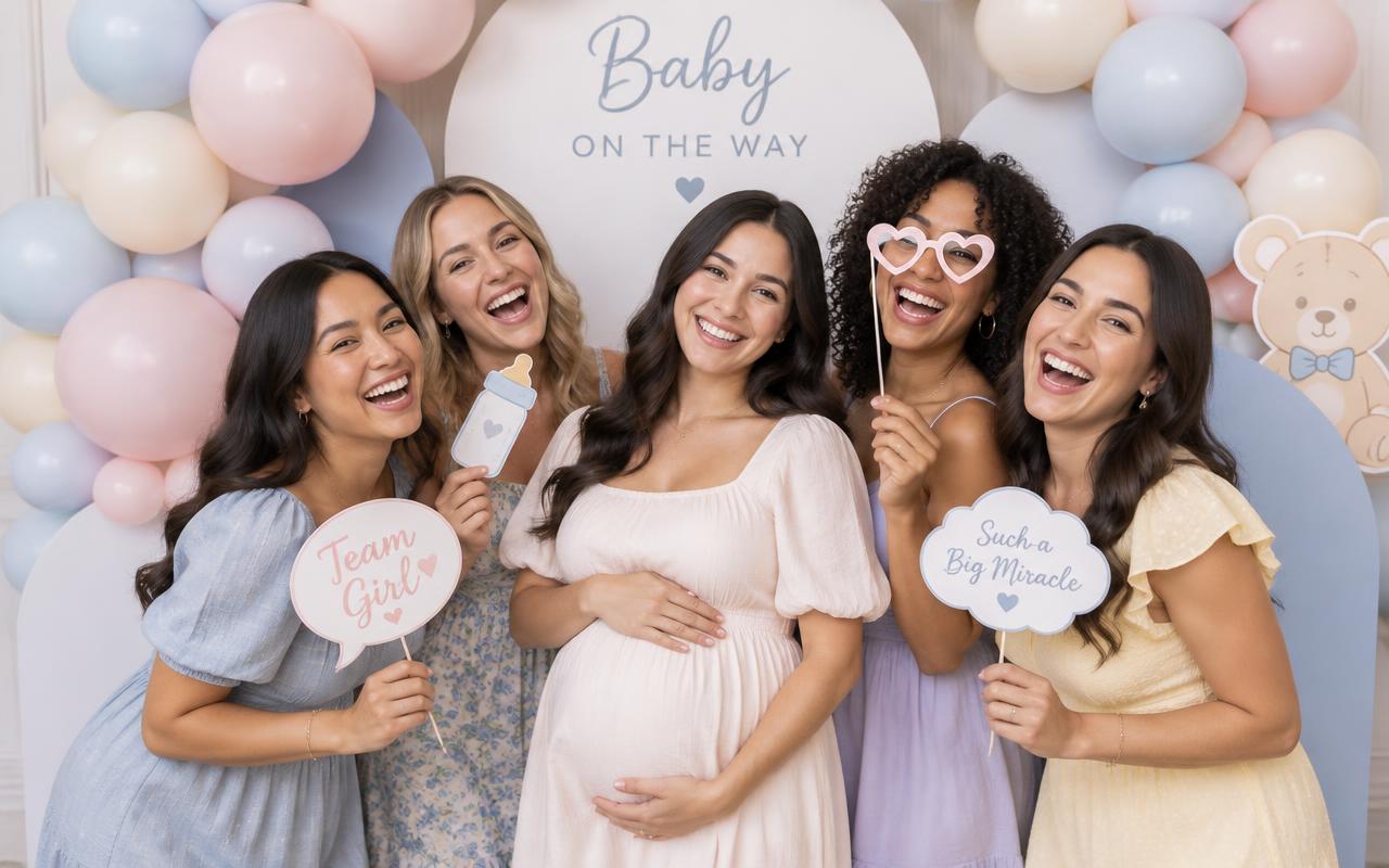 Mom-to-be and friends smiling with baby shower props
