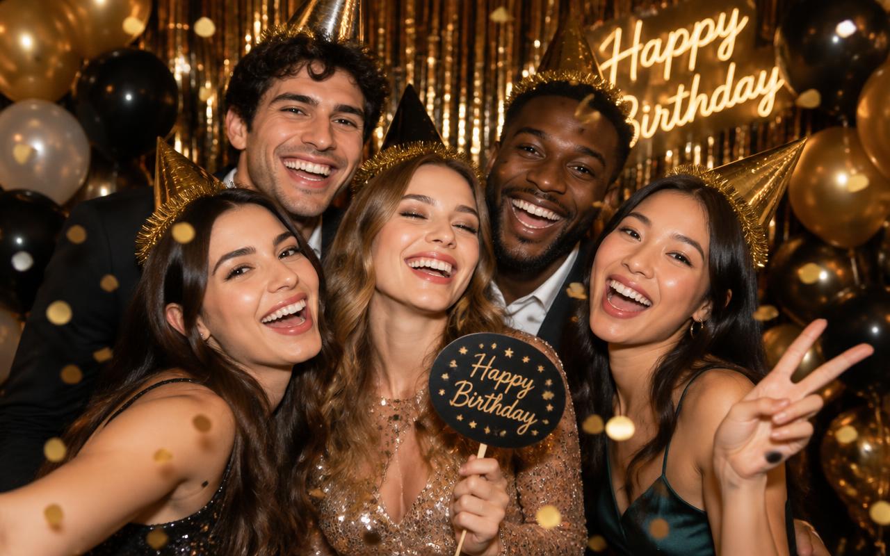 Friends in party hats smiling at a birthday photo booth