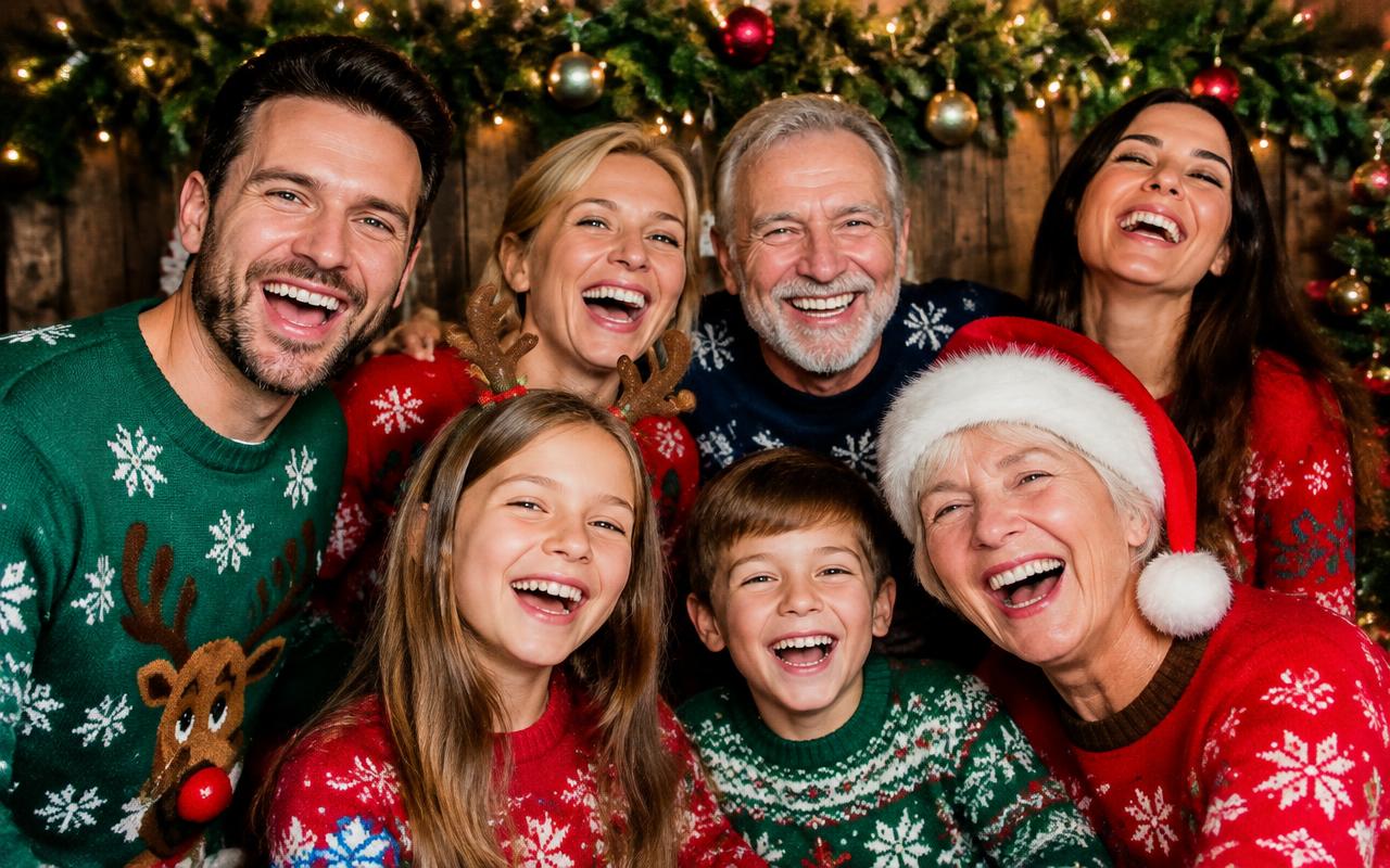 Family in festive sweaters laughing at a holiday photo booth